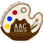Anderson Arts Center's 2023 Summer Art Camp - AAC Ranch. A brown cowboy hat in-front of a paint palette, outlined in rope with the paint dollops on the palette. A paint brush and drawing pencil stick out from the hat.